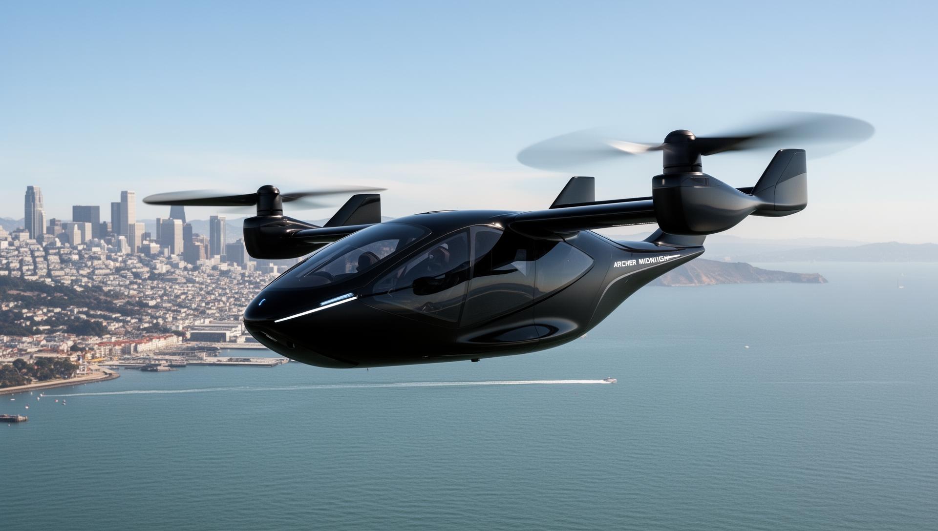 Archer Midnight eVTOL Aircraft flying over San Francisco Bay