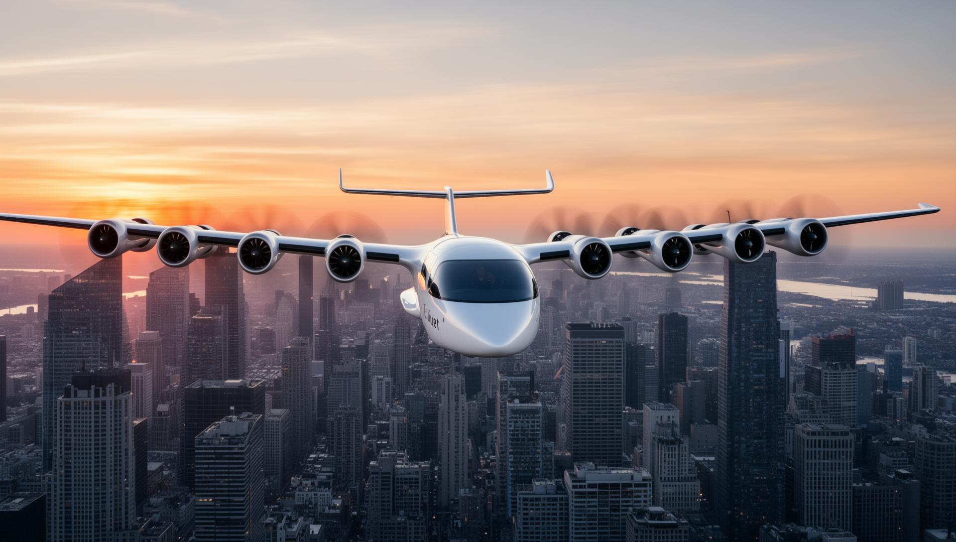 Lilium Jet eVTOL Aircraft flying over city skyline