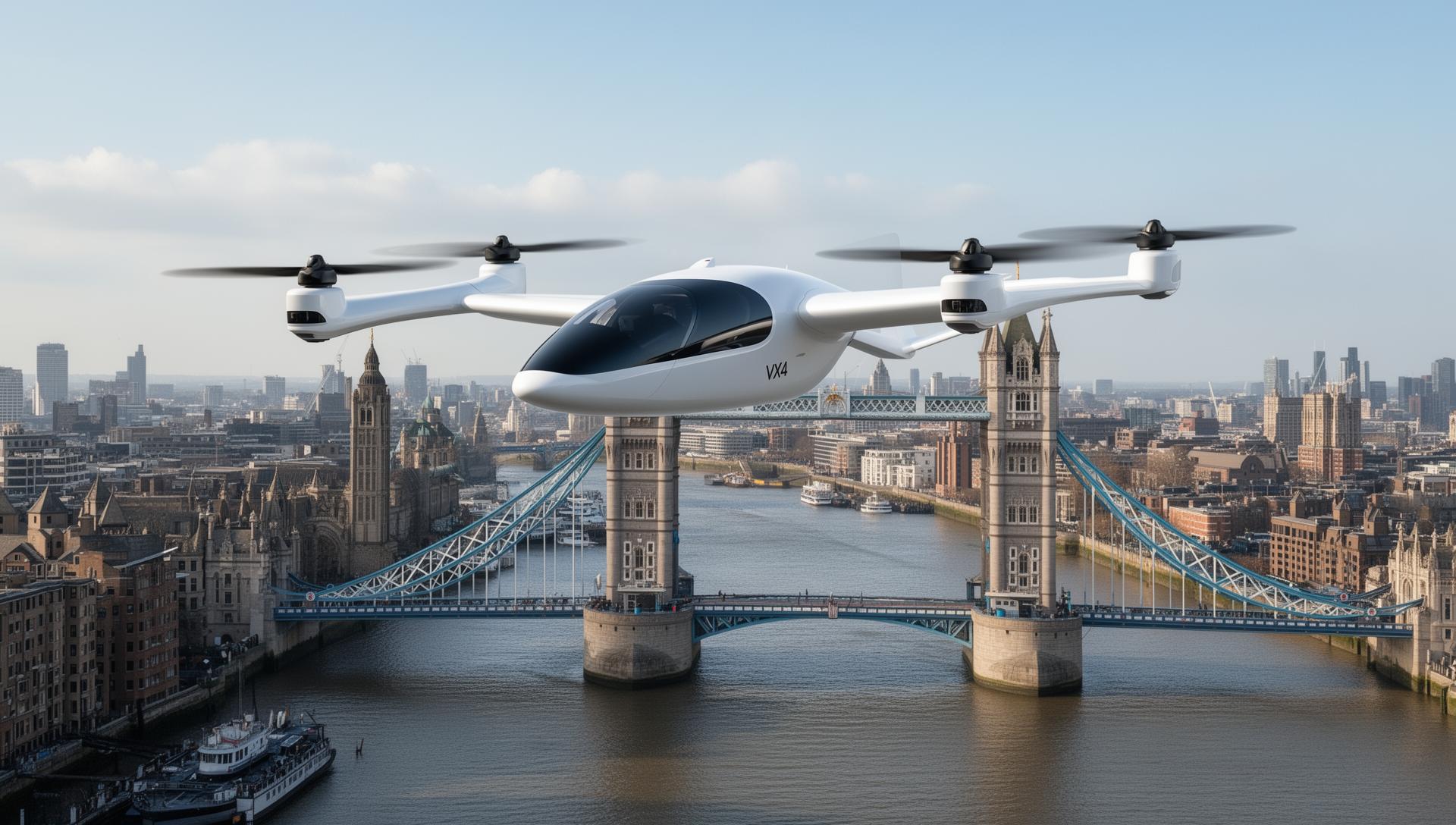 Vertical Aerospace VX4 eVTOL flying over London Tower Bridge